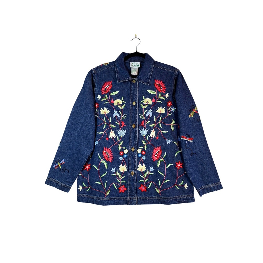 VTG Quacker Factory Denim Jacket L 14/16 Floral Dragonfly Embroidered Beaded NEW
